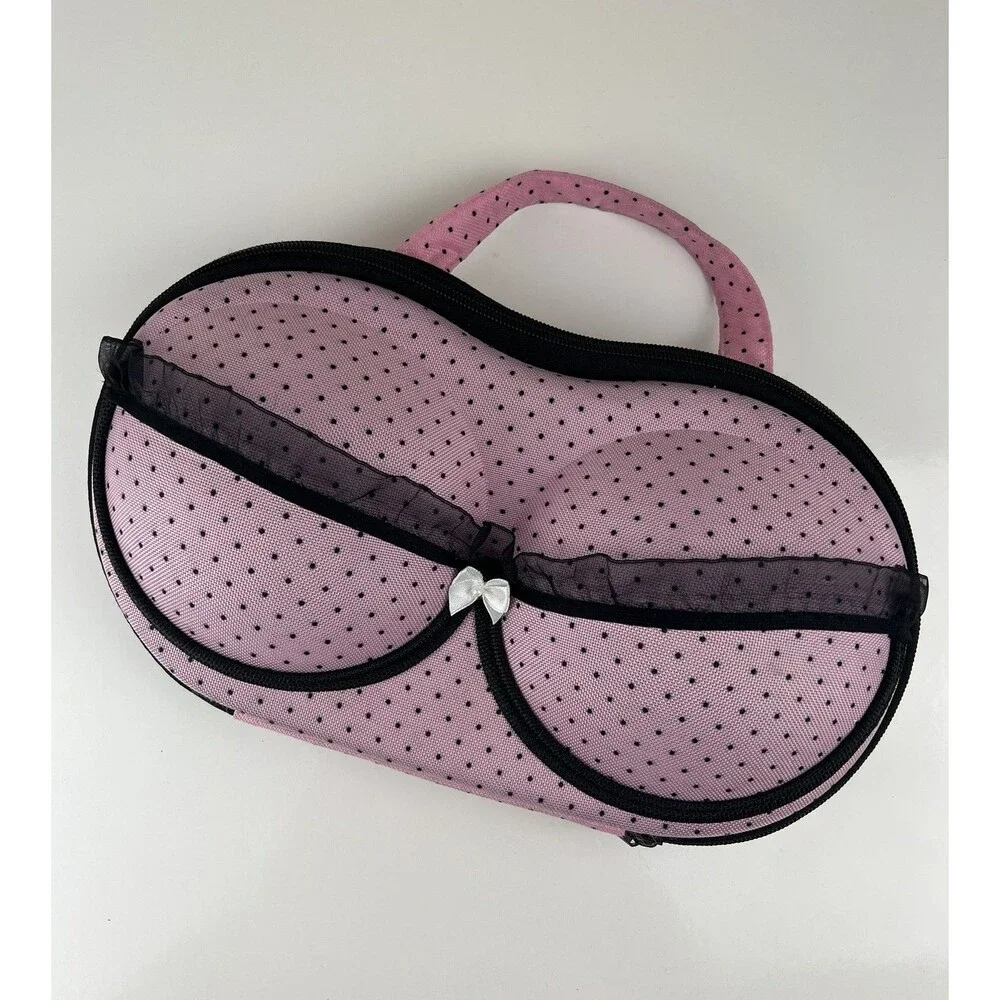 Bra Travel Case Mesh Lingerie Protector Organizer Zipper Bag Pink and Black